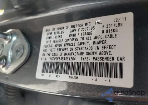 2011 Honda Accord Se from USA, damaged, VIN 1HGCP2F64BA094284